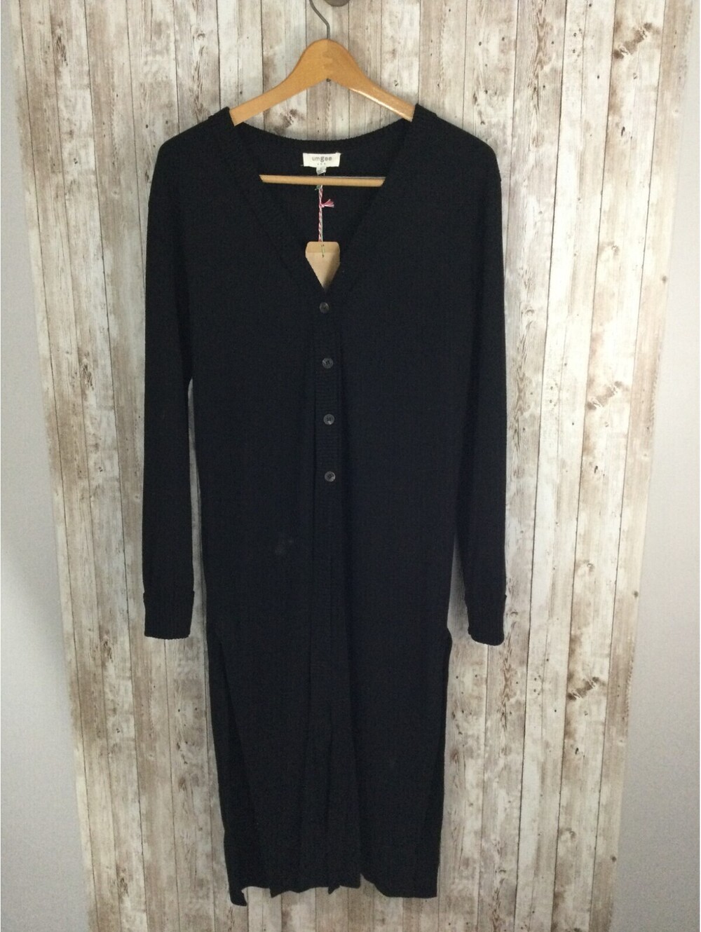 UMGEE Long Long Sleeve Duster Cardigan Black Button Down Sz Small Side Slits NEW